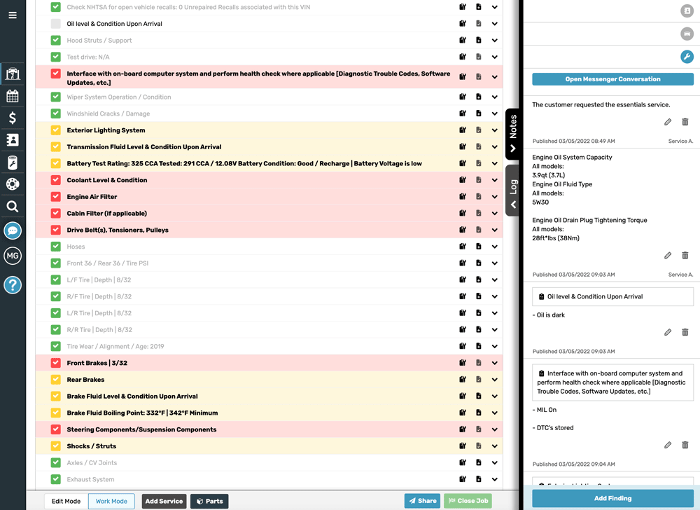 Shop-Ware digital inspection summary screen