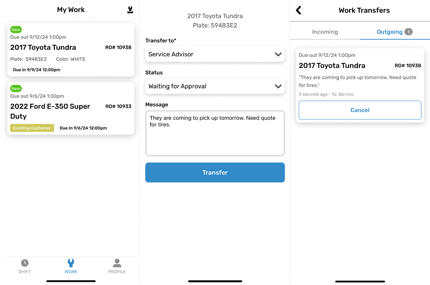 Transfer RO on mobile app with Shop Ware TechApp