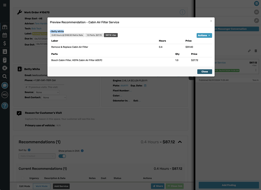 repair work order with air filter service